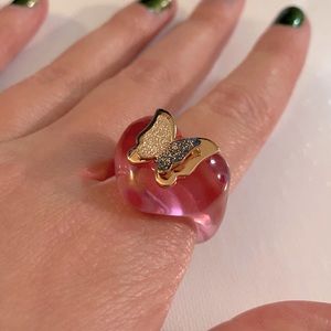 Forever 21 Pink Clear Heart Ring with Gold Tone Butterfly